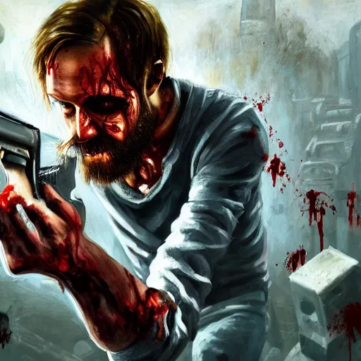 Image similar to Pewdiepie killing a zombie with a gun, dynamic lighting, oil painting, 8k, detailed, cinematic, futuristic