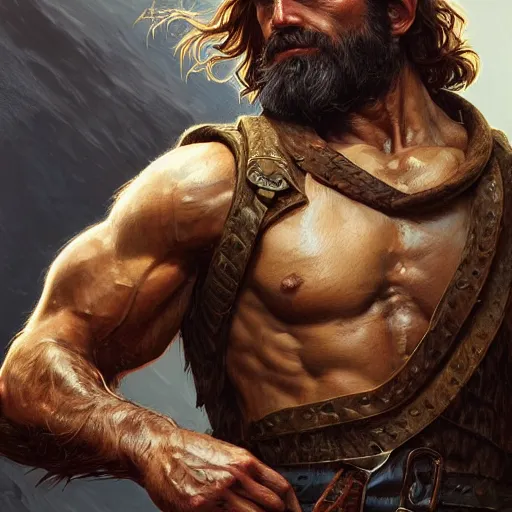 Image similar to portrait of a ruggedly handsome ranger, hands details, muscular, full body, leather, hairy, d & d, fantasy, intricate, elegant, highly detailed, digital painting, artstation, concept art, smooth, sharp focus, illustration, art by artgerm and greg rutkowski and alphonse mucha