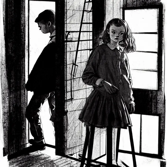 Image similar to [ sadie sink in dirty workmen clothes comes in ] [ a very dark dingy 1 9 6 0 s house ]. technique : black and white pencil and ink. by gabriel hardman, joe alves, chris bonura. cinematic atmosphere, detailed and intricate, perfect anatomy