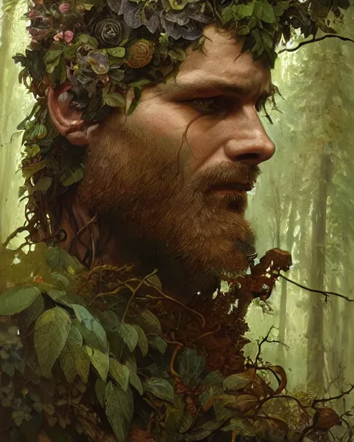 Image similar to god of the forest, 3 0 years old, rugged, male, gorgeous, detailed face, vines. forest, trees, flowers, amazing, muscular, intricate, highly detailed, digital painting, artstation, concept art, sharp focus, illustration, art by greg rutkowski and alphonse mucha