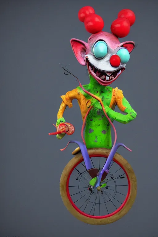 Prompt: a highly detailed painted 3 d model of an aaahh!!! real monsters clown on a unicycle : 1 | centered, colorful, matte background : 0. 9 | by james gurney : 1. 2 | unreal engine, deviantart, artstation, octane, finalrender, zbrush, keyshot, concept art, hd, 8 k resolution : 0. 8