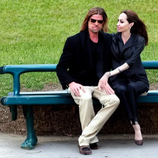 Prompt: a couple sitting on a park bench, brad pitt and angelina jolie