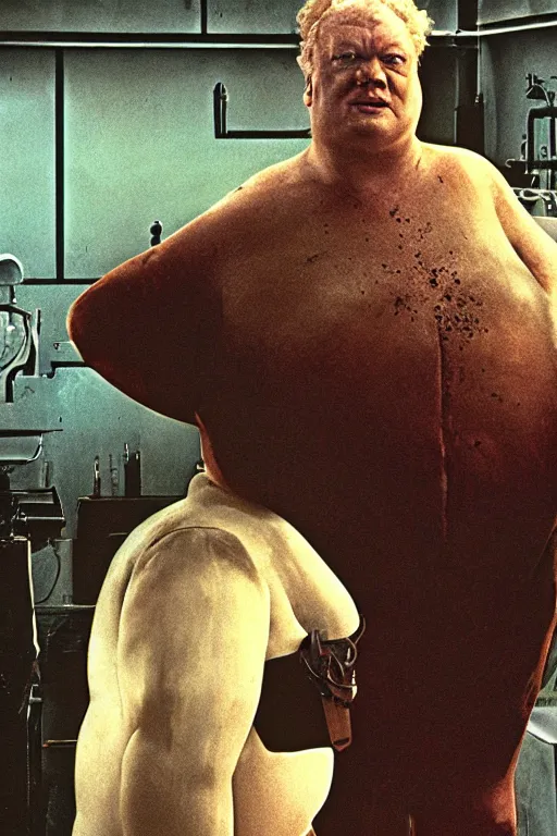 Prompt: the baron harkonnen standing in a laboratory on guidi prime, colour painting by normal rockwell, dune movie 1982