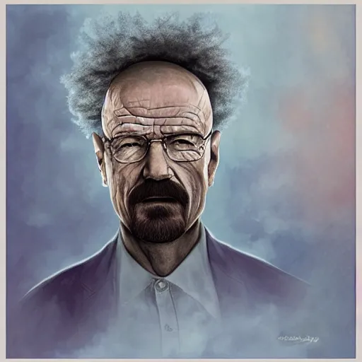 Prompt: walter white with an afro and a giant mustache, digital painting masterpiece, gorgeous brush strokes, advanced lighting technology