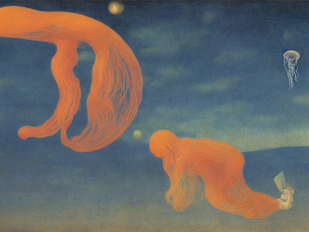 Prompt: Woman inside a jellyfish floating in the sky. Obsidian hills. Rene Magritte, Jean Delville, Max Ernst, Maria Sybilla Merian