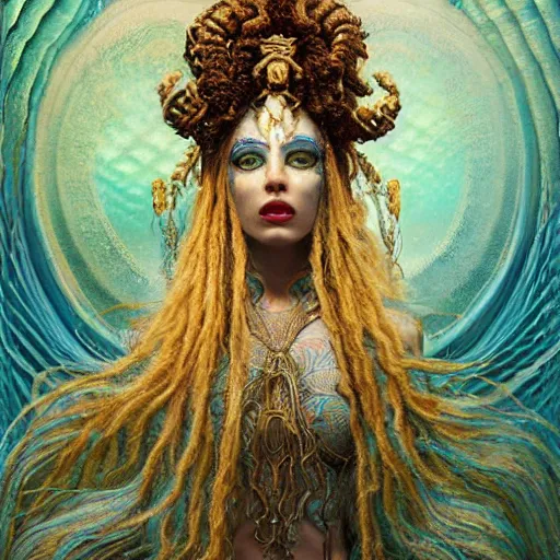 Image similar to intricate detail, hyper detail, lady of elche techno mystic goddess princess intergalactica, goddess kali maa, with aqua neon rapunzel dreadlocks, mami wata, detailed, by gaston bussiere, bayard wu, greg rutkowski, h. r. giger, greg rutkowski, sandro botticelli, masterpiece, sharp focus,