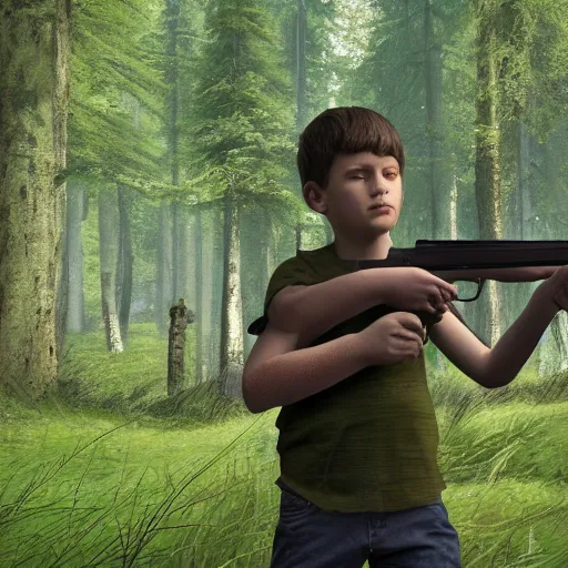 Prompt: in a background green forest, in foreground boy with shotgun, 8 k, ultra detailed, ultra realistic