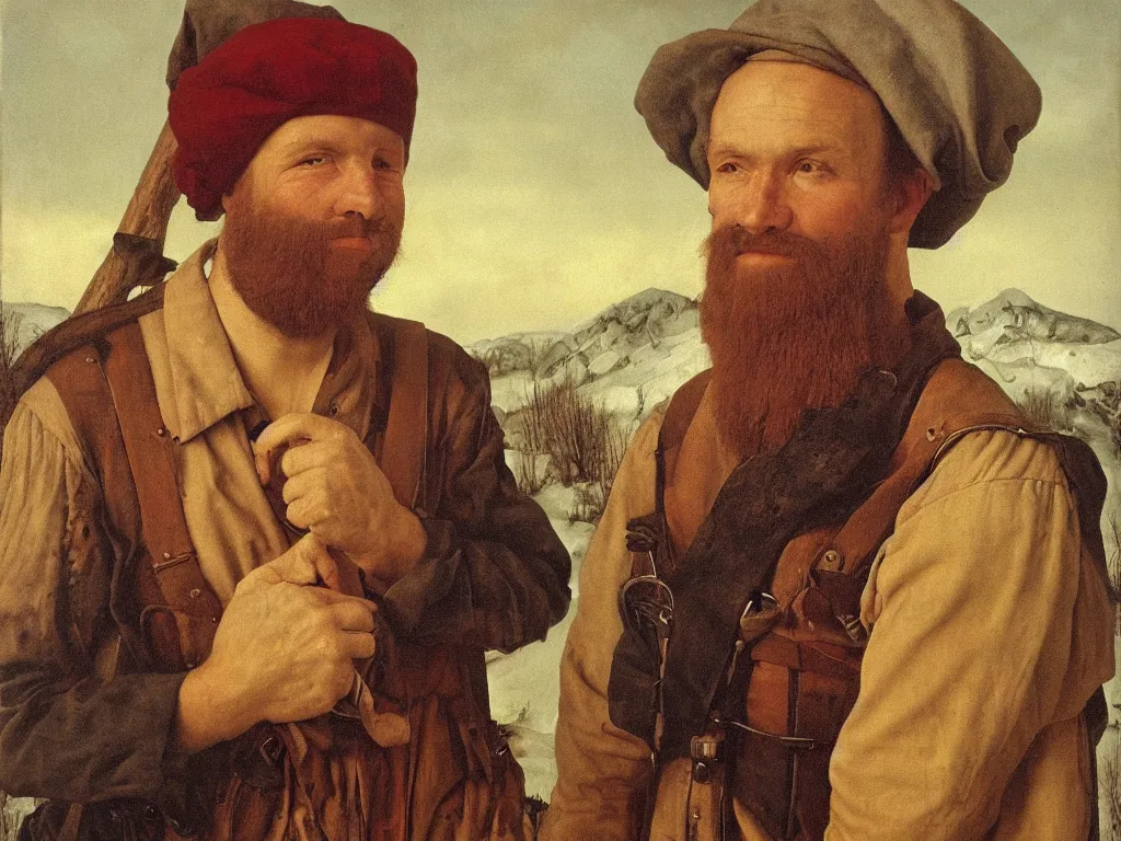 Prompt: portrait of bearded, defiant, sunburned lumberjack. Painting by Jan van Eyck, August Sander.