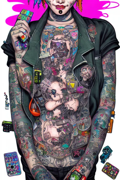 Prompt: full view, from a distance, of anthropomorphic trashcan who is cyberpunk girl with tattoos playing video games, style of yoshii chie and hikari shimoda and martine johanna, highly detailed