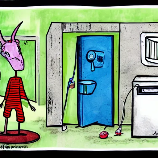 Prompt: childrens book illustration of a demon standing next to the washing machine in a basement, ink and watercolor