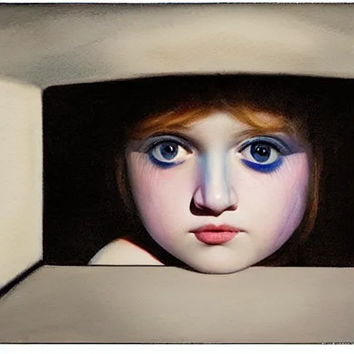 Prompt: close up of a bautiful girl with big silver eyes, watercolor by gottfried helnwein, by hammershøi, art noveau, highly detailed, lights by edward hopper, liminal, eerie, bright pastel colors