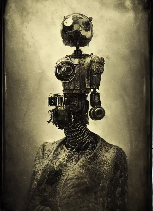 Image similar to old wetplate daguerreotype portrait of futuristic robot, dubbel negative exposure, explosion of data fragments, fractal, intricate, elegant, highly detailed, parallax, leica, medium format, subsurface scattering, by jheronimus bosch and greg rutkowski and louis jacques mande daguerre