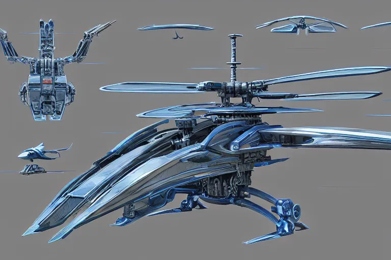 Image similar to concept art of a futuristic helicopter, extremely symmetrical, blueprint schematics, top down view, bottom view, side view, aggressive panels, mecha inspired, apache chopper, railgun turret, robotic, highly detailed, artstation, pinterest, super realistic, octane render