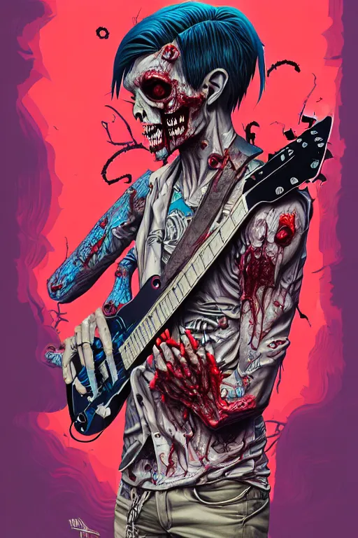 Prompt: zombie punk guitarist, tristan eaton, victo ngai, artgerm, rhads, ross draws, intricated details, 3 / 4 view, full body portrait