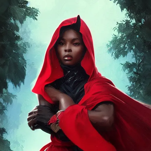 Image similar to Beautiful face Portrait of Little Red Riding Hood with a black panther, intricate, wild, highly detailed, digital painting, artstation, concept art, smooth, sharp focus, illustration, art by artgerm and greg rutkowski and alphonse mucha, footage from space camera