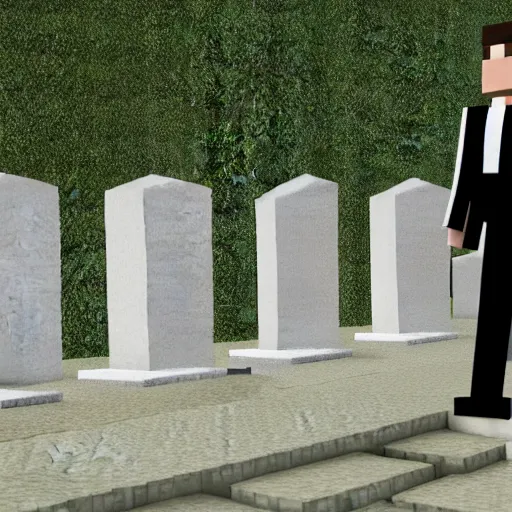 Image similar to dream from minecraft peeing on ronald reagan's grave, hyper realistic, prerendered graphics, dynamic lighting, volumetric lighting, sharp focus, hyperdetailed, realistic