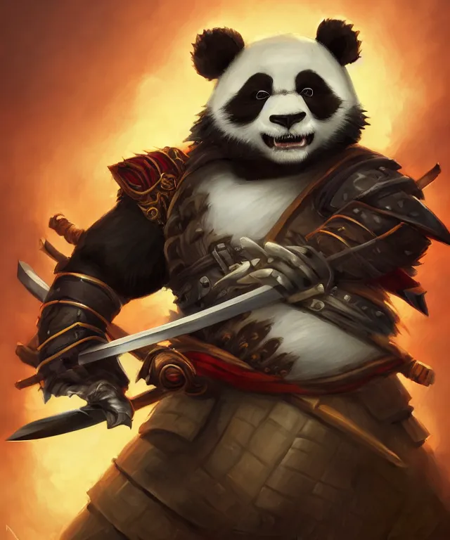 Image similar to a portrait an anthropomorphic panda samurai holding a katana, wearing armor with spiked shoulders, landscape in background, dnd character art portrait, world of warcraft style, by peter mohrbacher, cinematic lighting