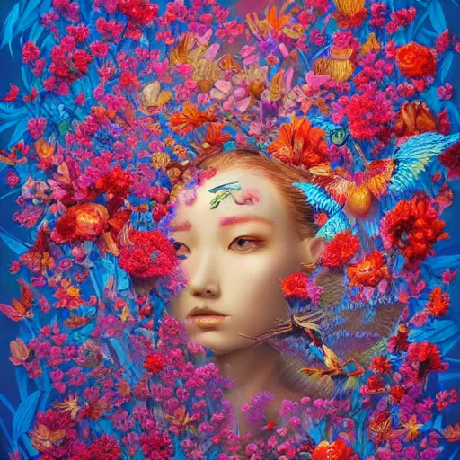 Prompt: insane flower painting with birds and insects, vivid beautiful colors, sunlight, realistic shadows, reflections, ethereal space, by James Jean and Ross Tran and James Gilleard and Mark Ryden