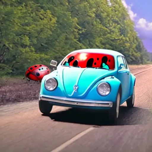 Image similar to promotional movie scene of a ( volkswagen beatle ) and ladybug hybrid. a ( volkswagen beatle ) merged into a ladybug. the hybrid is racing down a dusty back - road. cinematic, 4 k, imax, 7 0 mm