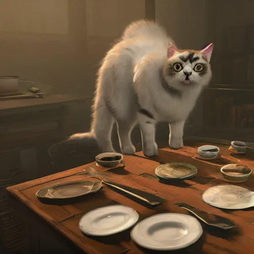 Prompt: cute cat drinks milk from a porcelain plate, in game pathologic 2, digital art, unreal engine, cinematic composition, sharp, details, hyper - detailed, hd