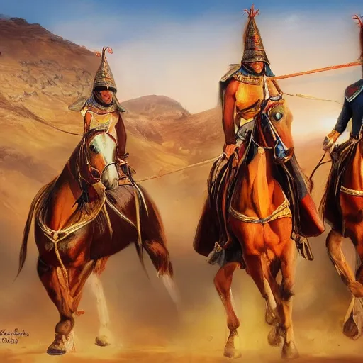 Image similar to the tbourida in morocco fantasia, 5 person riding horse, oil painting, artstation, very detailed