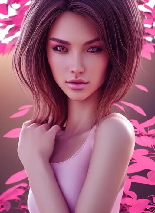 Prompt: photo of a gorgeous female in the style of stefan kostic, realistic, half body shot, sharp focus, 8 k high definition, insanely detailed, intricate, elegant, art by stanley lau and artgerm, extreme bokeh light pink foliage