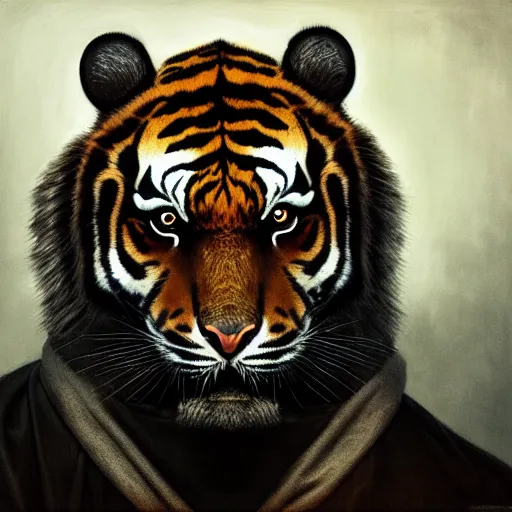 Image similar to a portrait of a tiger wearing a black hood, cloak covering face, anatomically correct, beautiful perfect face, enigmatic, oil painting, matte, black background, Volumetric dynamic lighting, Highly Detailed, Cinematic Lighting, Unreal Engine, 8k, HD, by Beksinski