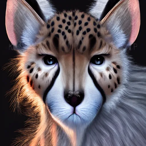 Image similar to beautiful cheetah with lop eared bunny ears and fluffy detailed fur hybrid creature character concept detailed painting 4 k