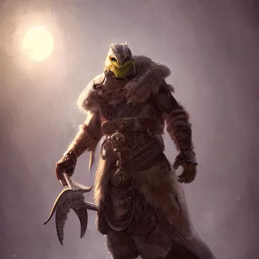 Image similar to anthropomorphic turtle barbarian humanoid, carapace, greg rutkowski, blizzard, winter, night, furs, fantasy