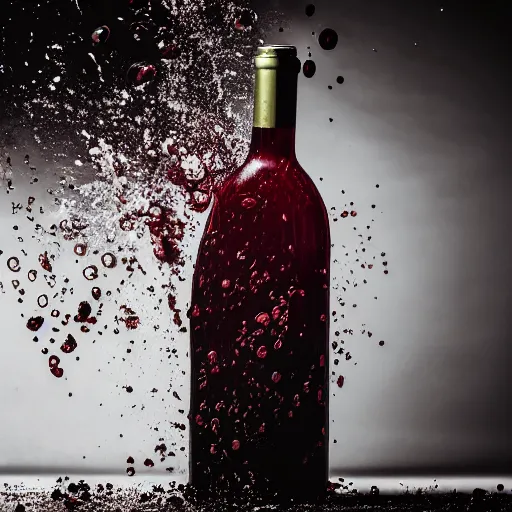 Image similar to photography of a wine bottle crashing on the floor, bottom bottle explode but bottle neck remain, clear view on the label, wine splash, cinematographic look, award photography