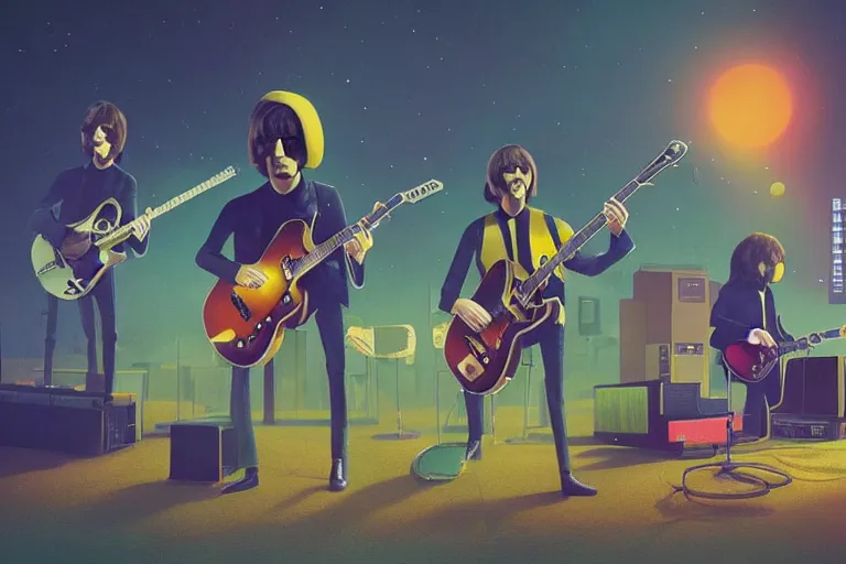 Image similar to the beatles performing with guitars, a giant yellow minion at background, sci fi, art by mike winkelmann, trending on cgsociety, retrofuturism, darksynth, sci - fi