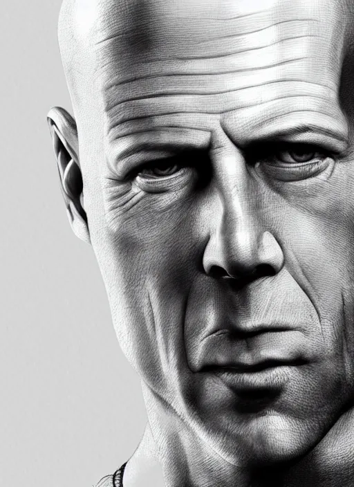 Prompt: highly detailed ink illustration of bruce willis, unreal engine, octane render, b & w clean shaped illustration by ross tran