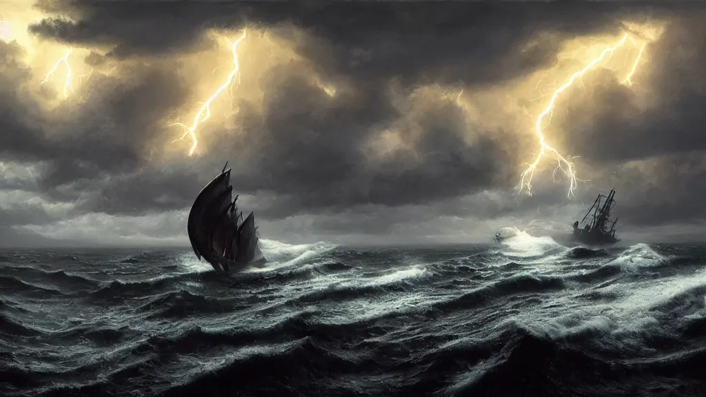 Prompt: small boat in the foreground and a massive giant kraken coming out of a stormy sea all sides in the distance, giant waves, lightning in background, intricate, detailed, volumetric lighting, sharp focus, scenery, photorealism, digital painting, highly detailed, concept art, ruan jia, dark souls, steve mccurry