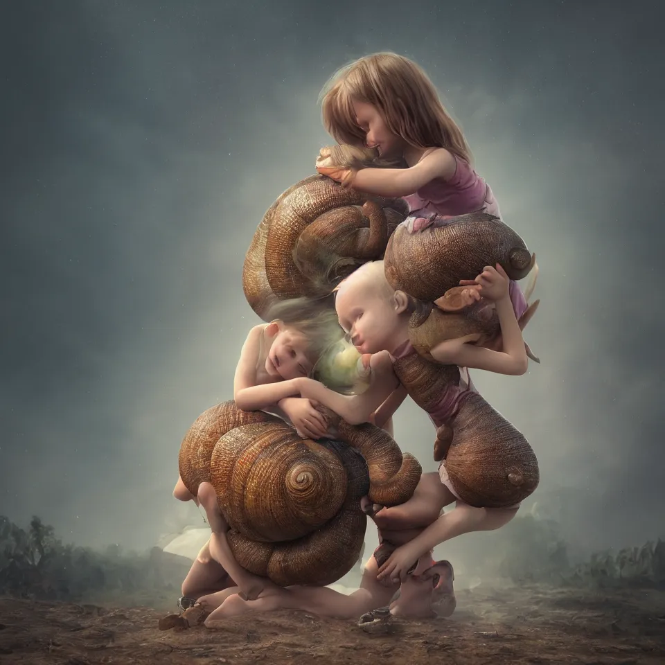 Image similar to a little girl hugging a giant snail, photo, realistic, artstation , beautiful, octane render