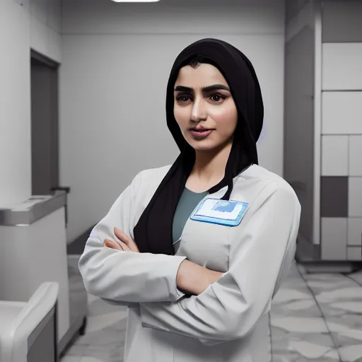 Image similar to A proud and happy Afghan girl working as a surgeon in a futuristic hospital, digital art, unreal engine 5, cinema4D, octane render, Detailed, cinematográfic