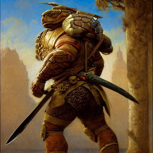 Prompt: an animatronic turtle barbarian fighter with a sword and shield, highly detailed painting by gaston bussiere, craig mullins, j. c. leyendecker, 8 k