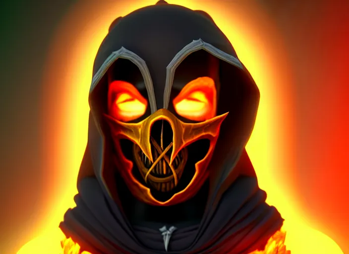 Prompt: hooded skull, with mortal kombat scorpion style facemask, stylized stl, 3 d render, activision blizzard style, hearthstone style, crash bandicoot artstyle