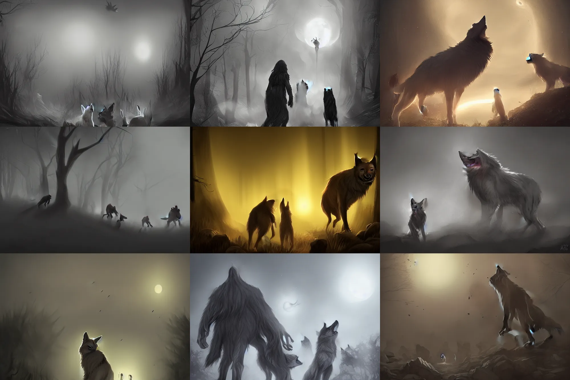 Prompt: I could hear them howling from afar I saw them rushing to your car In a moment all went screaming wild Until the darkness killed the light, trending on artstation, daily deviation, digital art