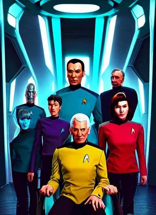 Image similar to Star Trek TNG crew portrait photo, Cyberpunk 2049, highly detailed, pop art poster, vector art, Unreal engine, Octane render, Weta digital, HDRP, RTX, volumetric lighting, poster artwork by Michael Whelan and Tomer Hanuka