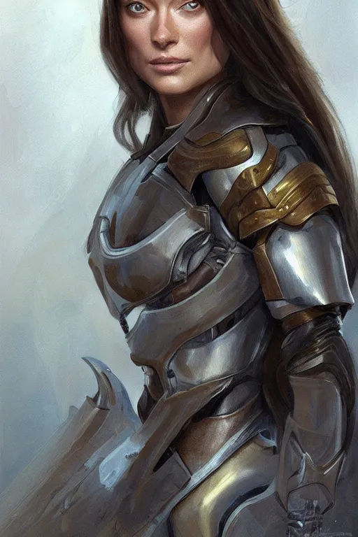 Image similar to a professional painting of a young Olivia Wilde, clothes in military armor, olive skin, long dark hair, beautiful bone structure, symmetrical facial features, intricate, elegant, digital painting, concept art, smooth, sharp focus, illustration, from StarCraft by Ruan Jia and Mandy Jurgens and Artgerm and William-Adolphe Bouguerea