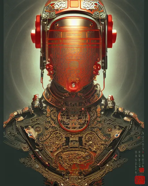 Image similar to portrait of a male cyberpunk machine, machine face, upper half portrait, decorated with chinese opera motifs, asian, fine china, wuxia, traditional chinese art, intricate, elegant, highly detailed, symmetry, headpiece, digital painting, artstation concept art smooth sharp focus, illustration, art by artgerm and greg rutkowski alphonse mucha 8 k