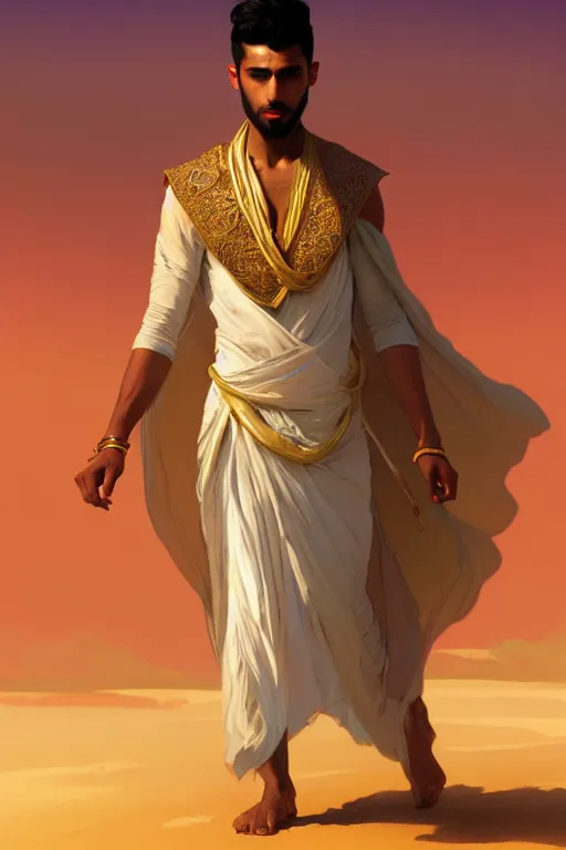 Image similar to full figure beautiful young fit arabic man with dark skin, dressed with multicolored fluent clothes, luminous scene, by greg rutkowski and alphonse mucha, d & d character, gradient white to gold, in front of a dune desert background, highly detailed portrait, digital painting, artstation, concept art, smooth, sharp focus illustration, artstation hq