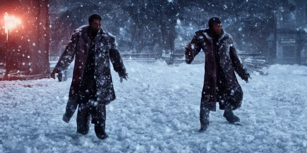 Image similar to a film still of a black man in the snow starring in a japanese blockbuster film tekken 7, shallow depth of field, cinematic, award winning cgi, vfx, film still