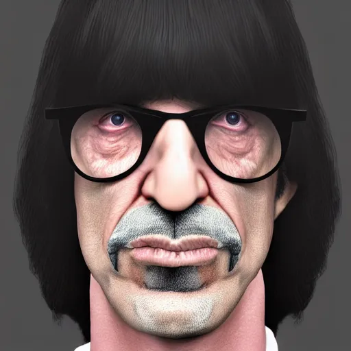 Image similar to The Lovechild of Joey Ramone and Frank Zappa, real life, hyperrealistic, ultra realistic, realistic, highly detailed, epic, HD quality, 8k resolution, body and headshot, front facing, front view, headshot and bodyshot, detailed face, very detailed face