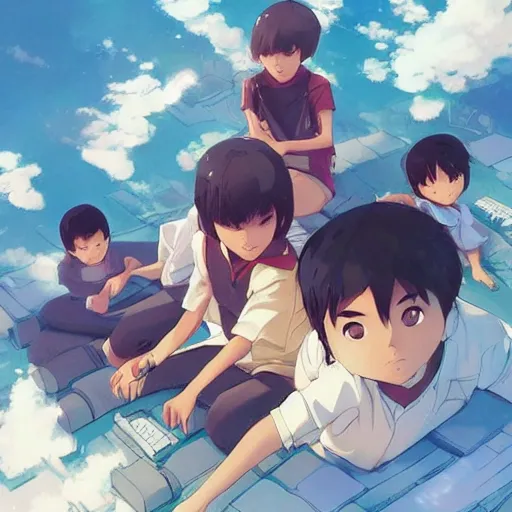 Prompt: four asian kids sitting around each holding a digital tablet, dramatic, top down view, comic cover style, by guweiz and wlop and ilya kuvshinov and artgerm and makoto shinkai and studio ghibli, aesthetic, gorgeous, stunning, alluring, attractive, artstation, deviantart, digital art