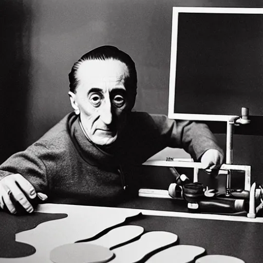 Image similar to Kodachrome portrait of Marcel Duchamp with an technologival machine, archival pigment print in the style of Hito Steyerl, studio shooting, contemporary art