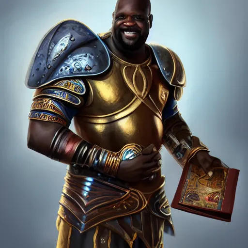 Prompt: shaquille o'neal wearing breastplate and holding a book, highly detailed, d & d, fantasy, highly detailed, digital painting, trending on artstation, concept art, sharp focus, illustration, global illumination, shaded, art by artgerm and greg rutkowski and fuji choko and viktoria gavrilenko and hoang lap