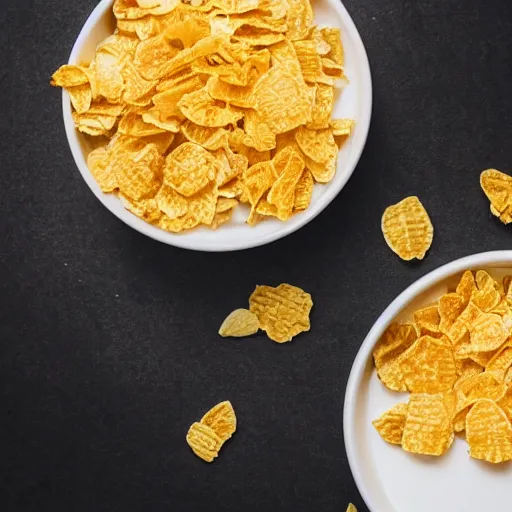 Prompt: professional photo of a bowl of cornflakes in milk on a yellow table shot from above