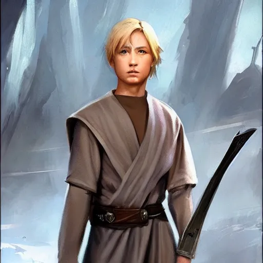 Image similar to a young blonde male jedi with short hair looking away at a threat full body shot concept art by Doug Chiang cinematic concept art, realistic painting, high definition, digital art, matte painting, symmetrical, very detailed, realistic, dramatic lighting, cinematic, establishing shot, extremely high detail, photo realistic, cinematic lighting, post processed, concept art, artstation, matte painting, red color scheme