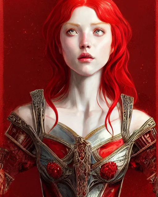 Prompt: redhead queen knight in red armor, inside grand hall in castle with rococo aesthetic, beautiful face, intimidating, high fantasy, intricate detail, digital painting, artstation, concept art, smooth, sharp focus, illustration, art by yoshitaka amano and monia merlo and wlop, masterpiece.